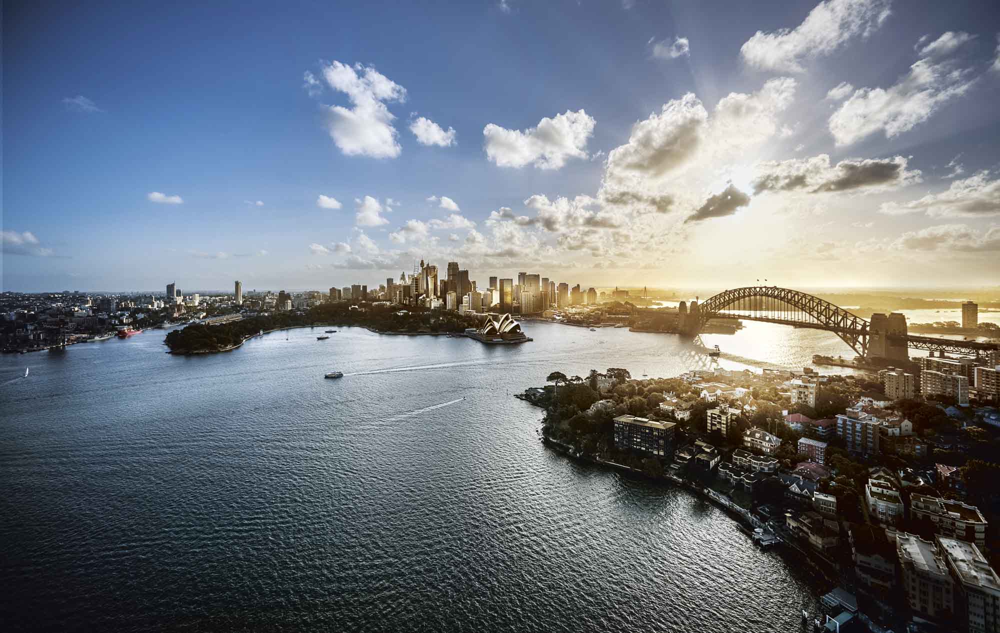 Aerial view of Sydney Harbour at sunset