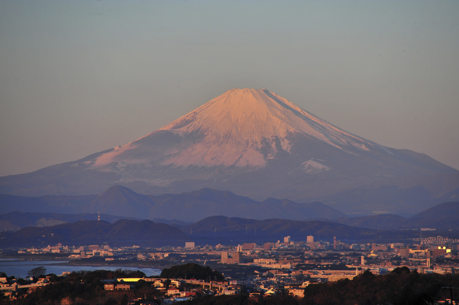 Red-colored winter morning Mt. Fuji in Japan