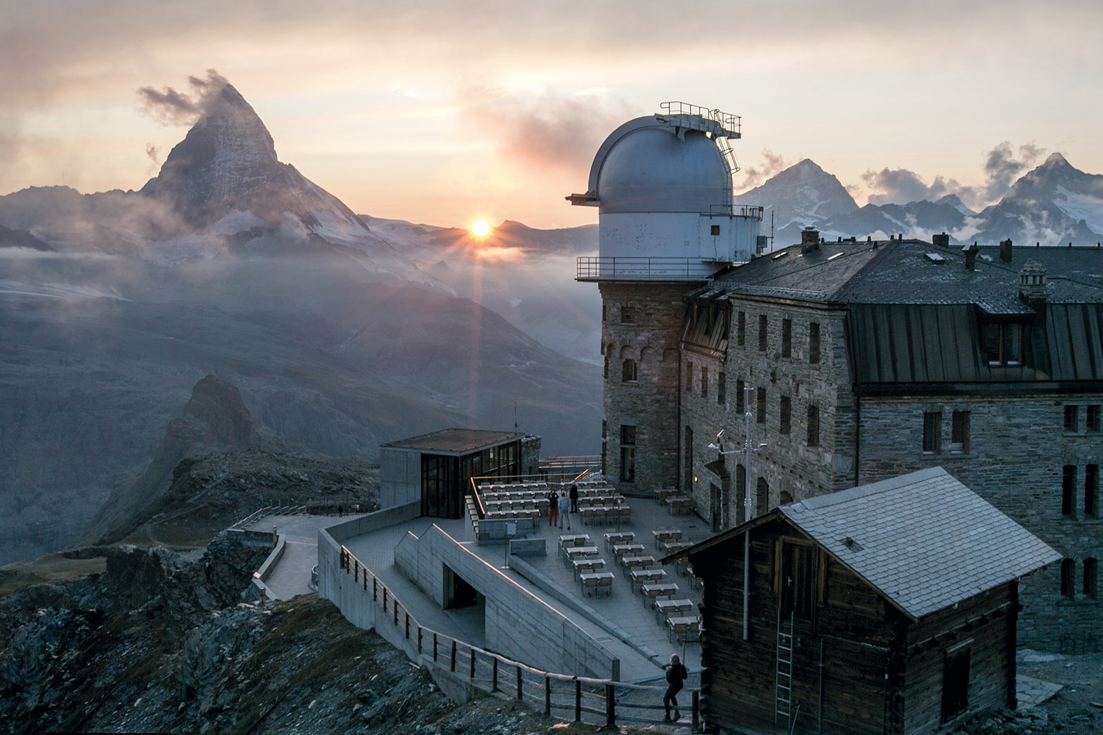 Sunset of Matterhorn and Gornergrat Observatory, Valais, Switzerland, Carl Sagan