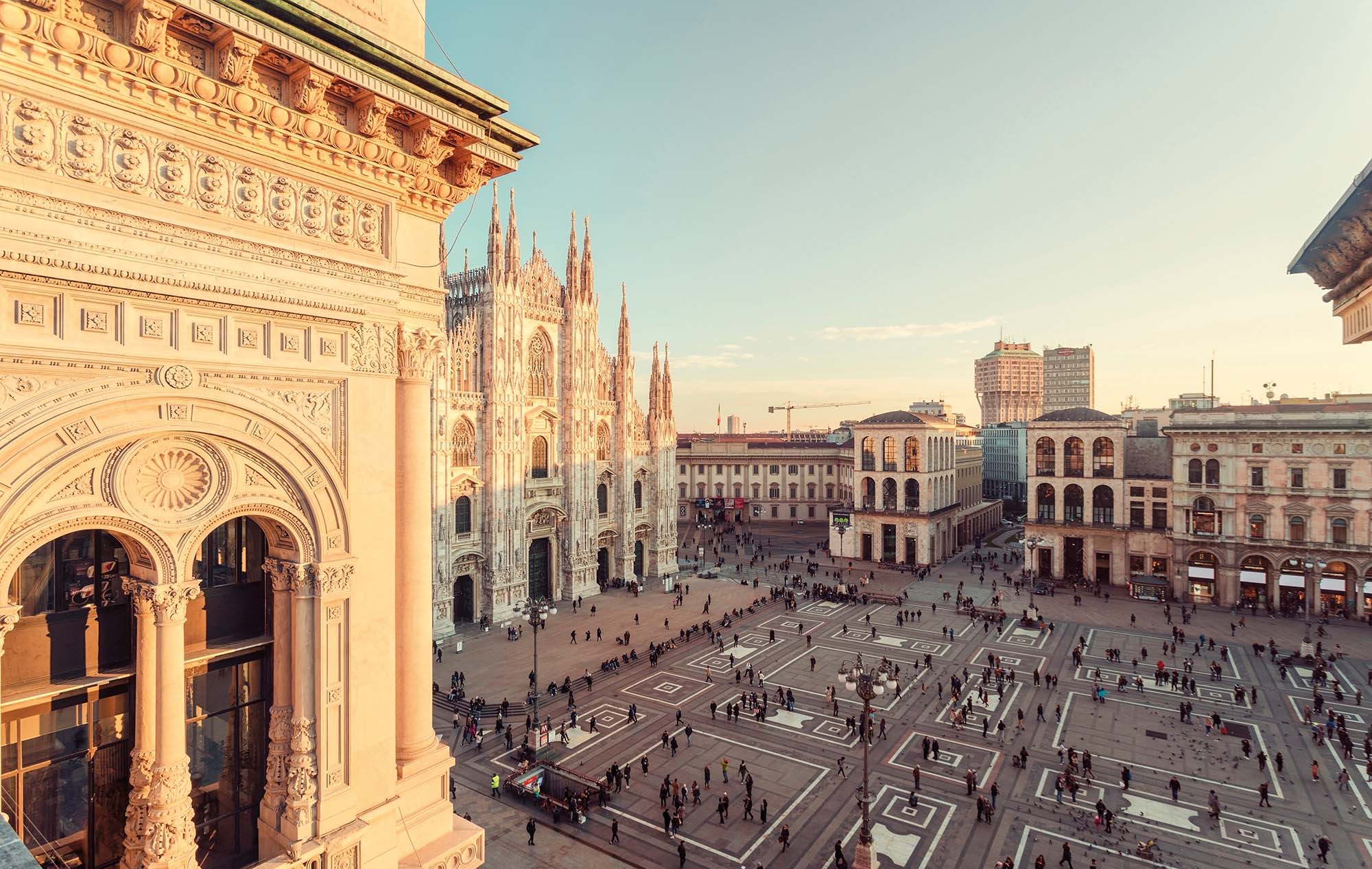 Italy, Lombardy, Piazza del Duomo in Milan seen from the Galleria Vittorio Emanuele II