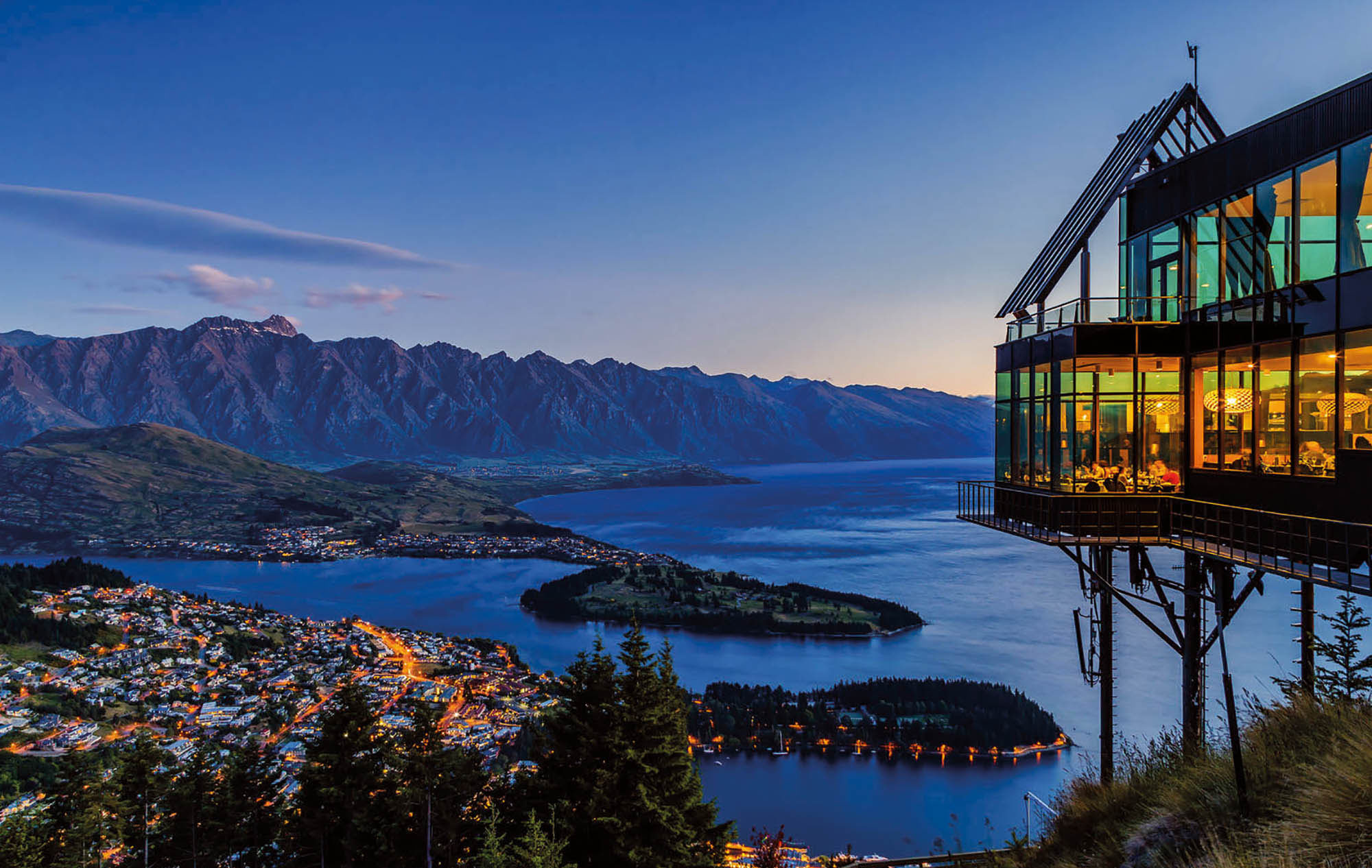 Sky Restaurant observation deck to Queenstown and Lake Wakatipu., food and wine