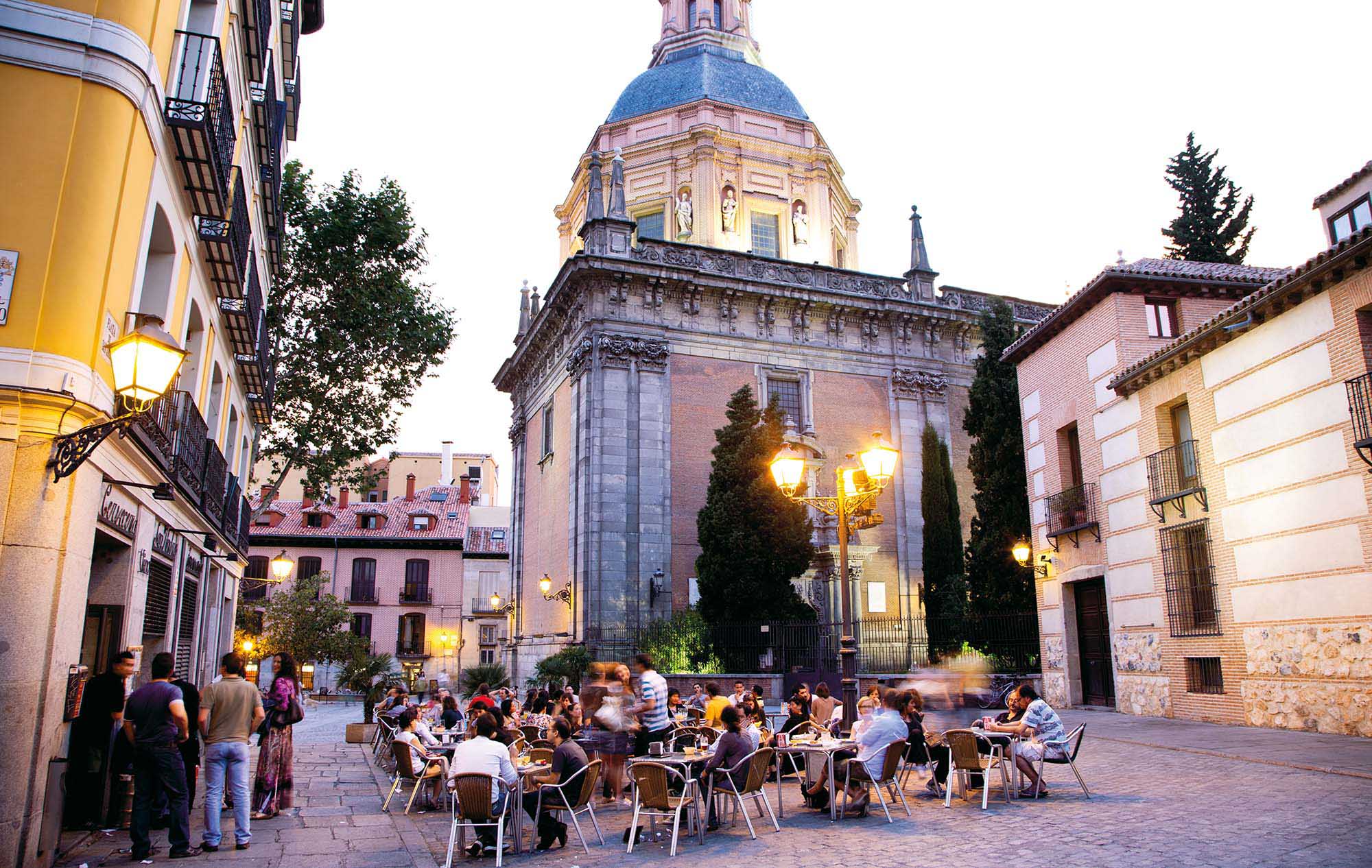 Europe, Spain, Madrid, Plaza San Andres, square, church, restaurant, guests sitting outside, evening, bar, gastronomy, architecture, locals, people