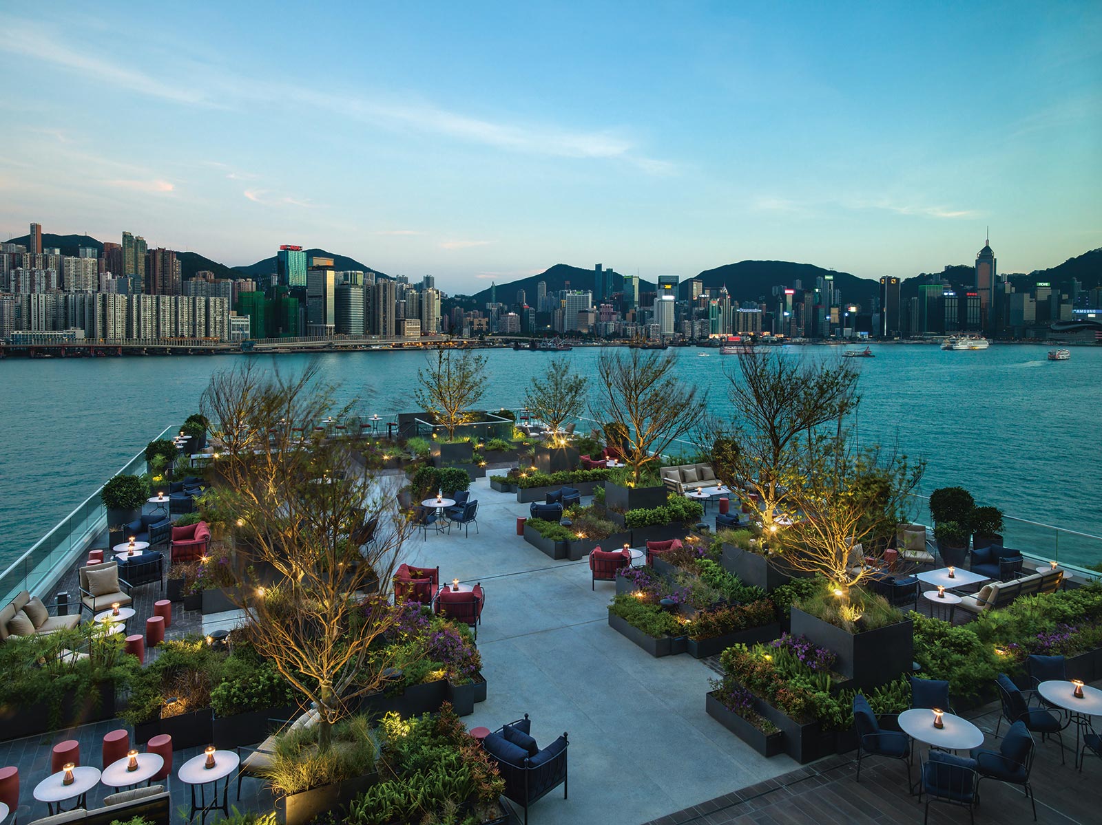 View of Victoria Harbour from Red Sugar Terrace at Hong Kong's Kerry Hotel