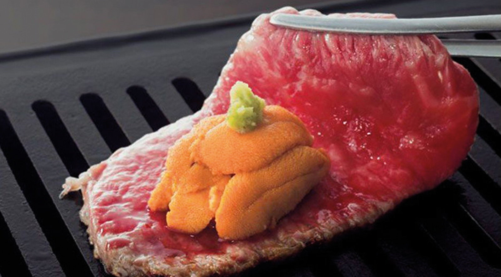Uniku is a combination of uni and niku where fresh uni is wrapped in raw or cooked wahyu or served on top of wagyu sushi
