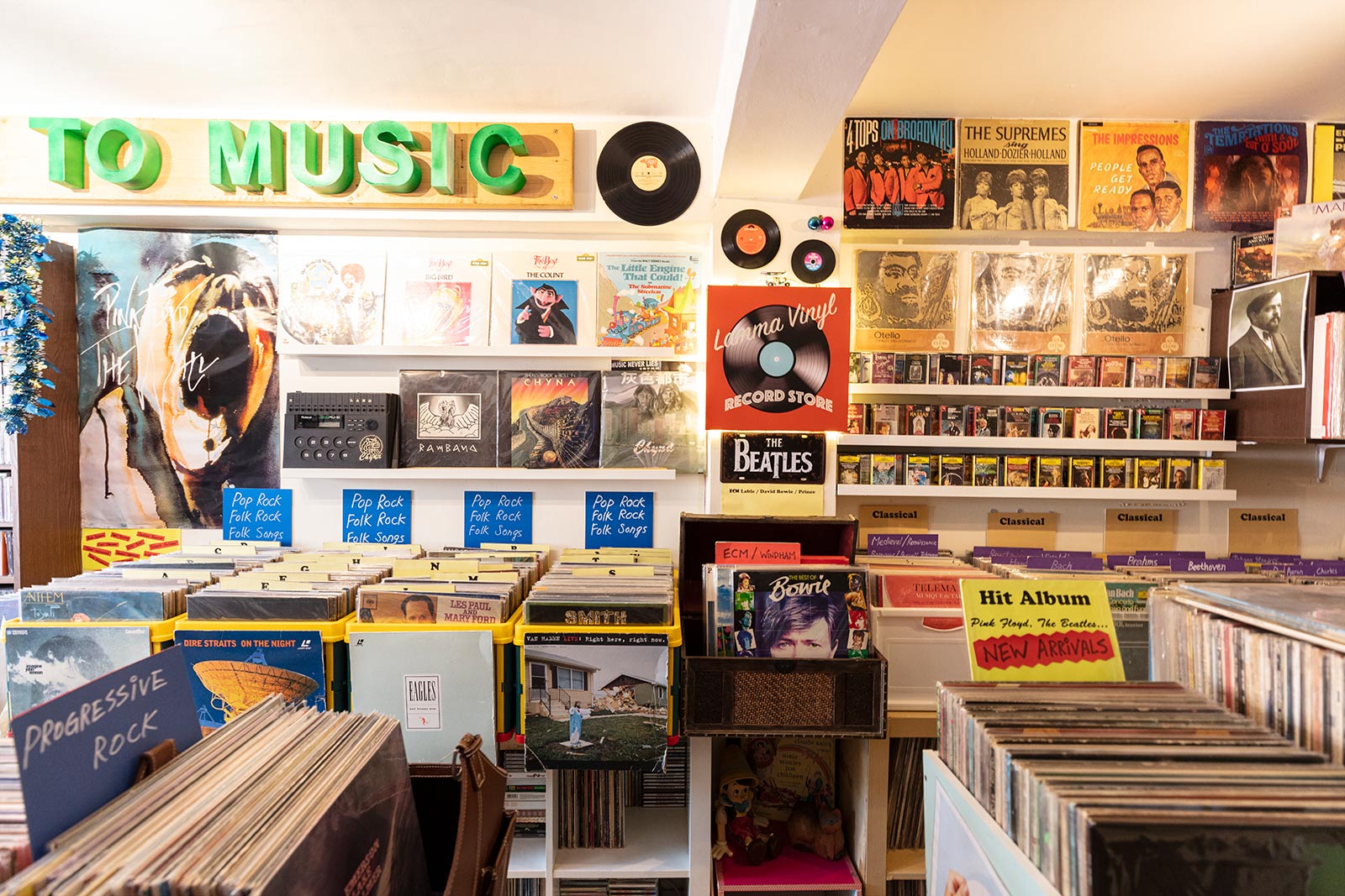 Boxes of records at Lamma Vinyl, one of many charming shops to check out on Lamma Island