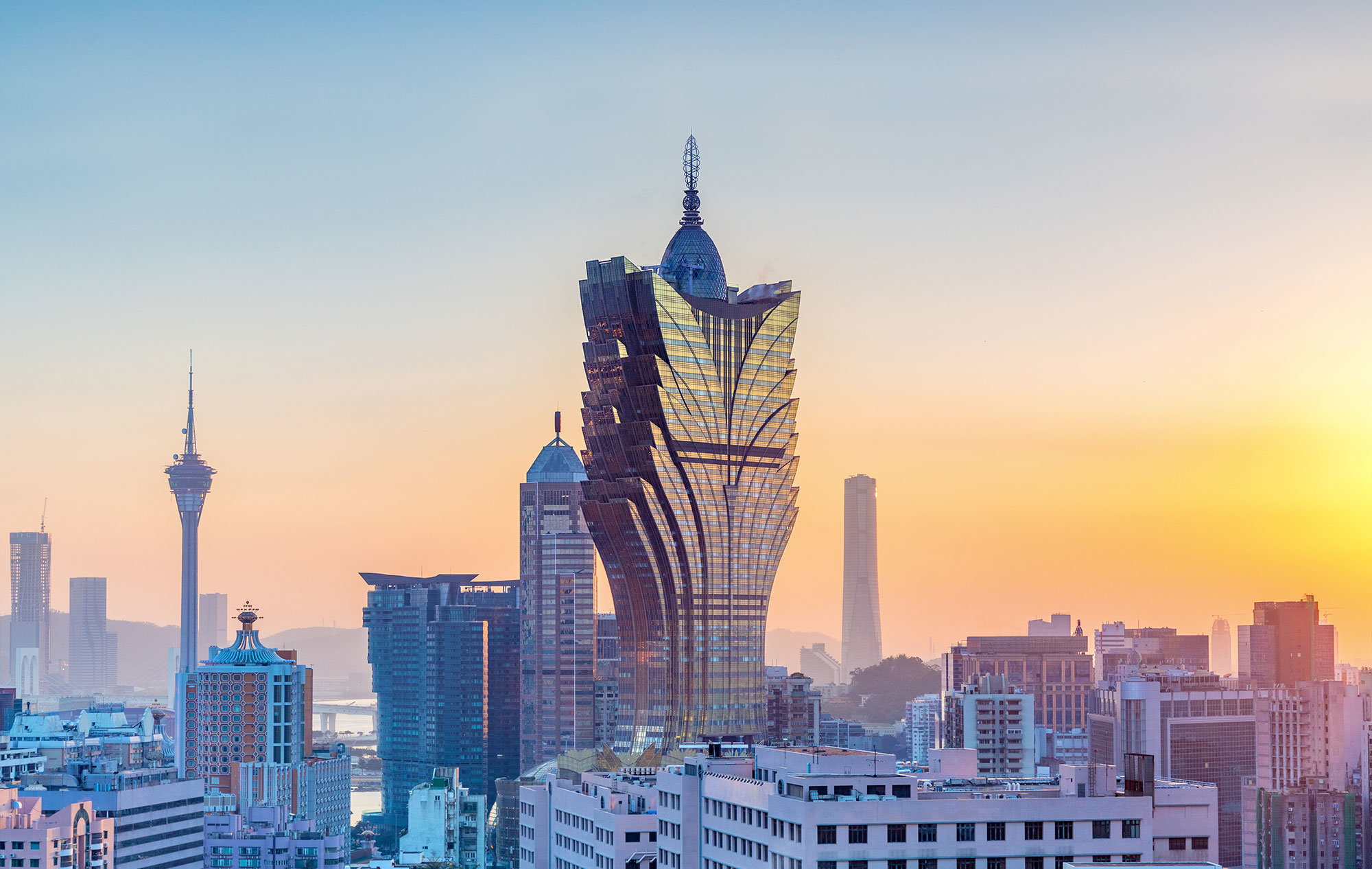 Macao city skyline at sunset casino