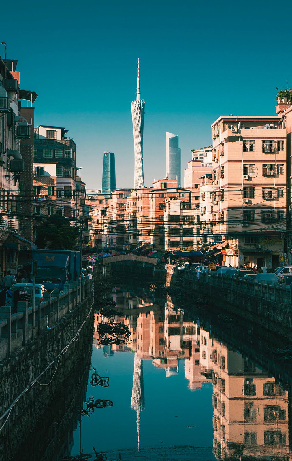 A street view of Haizhu District and the Canton Tower in Guangzhou