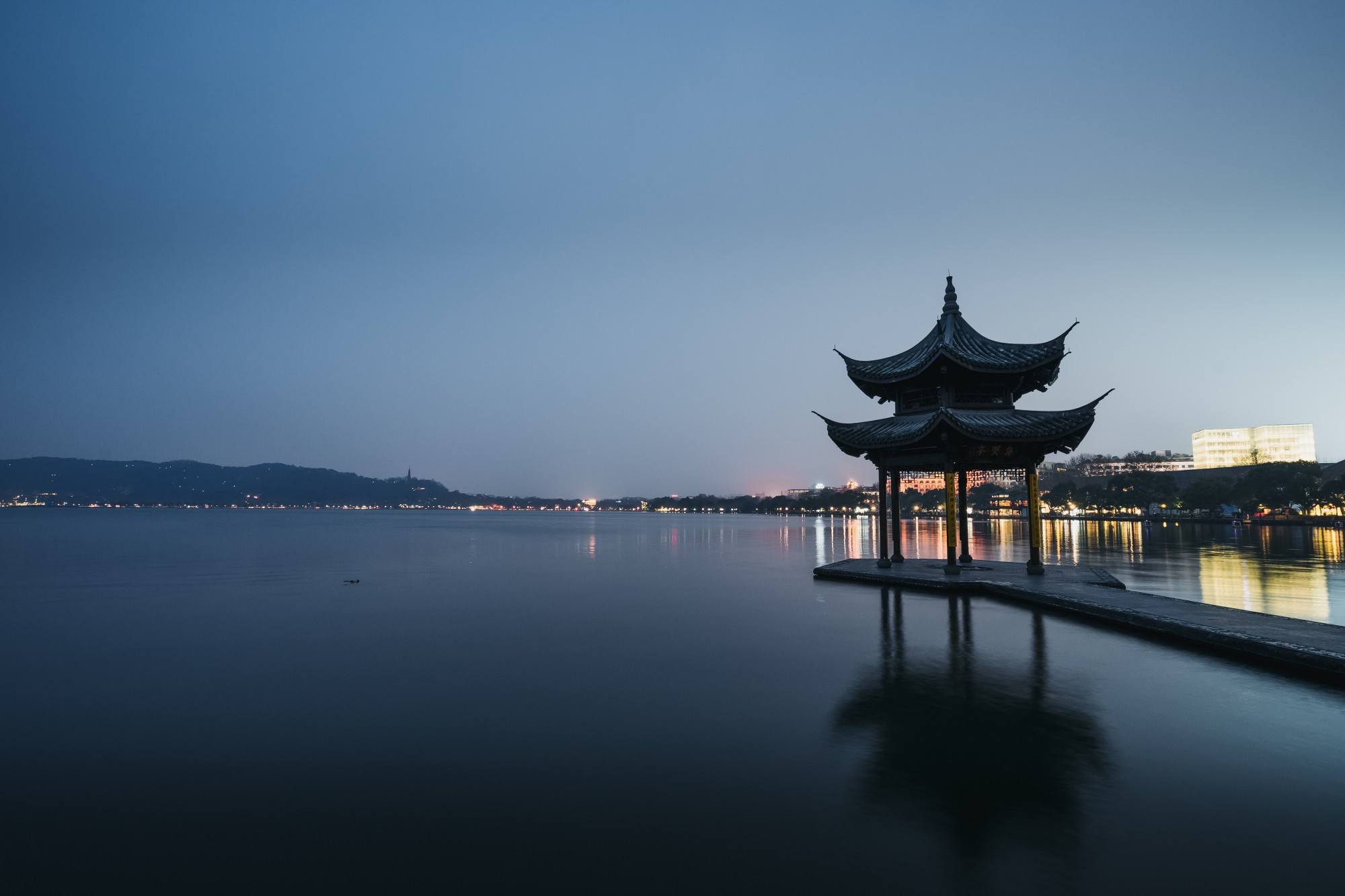 Night view of the West Lake in Hangzhou, China