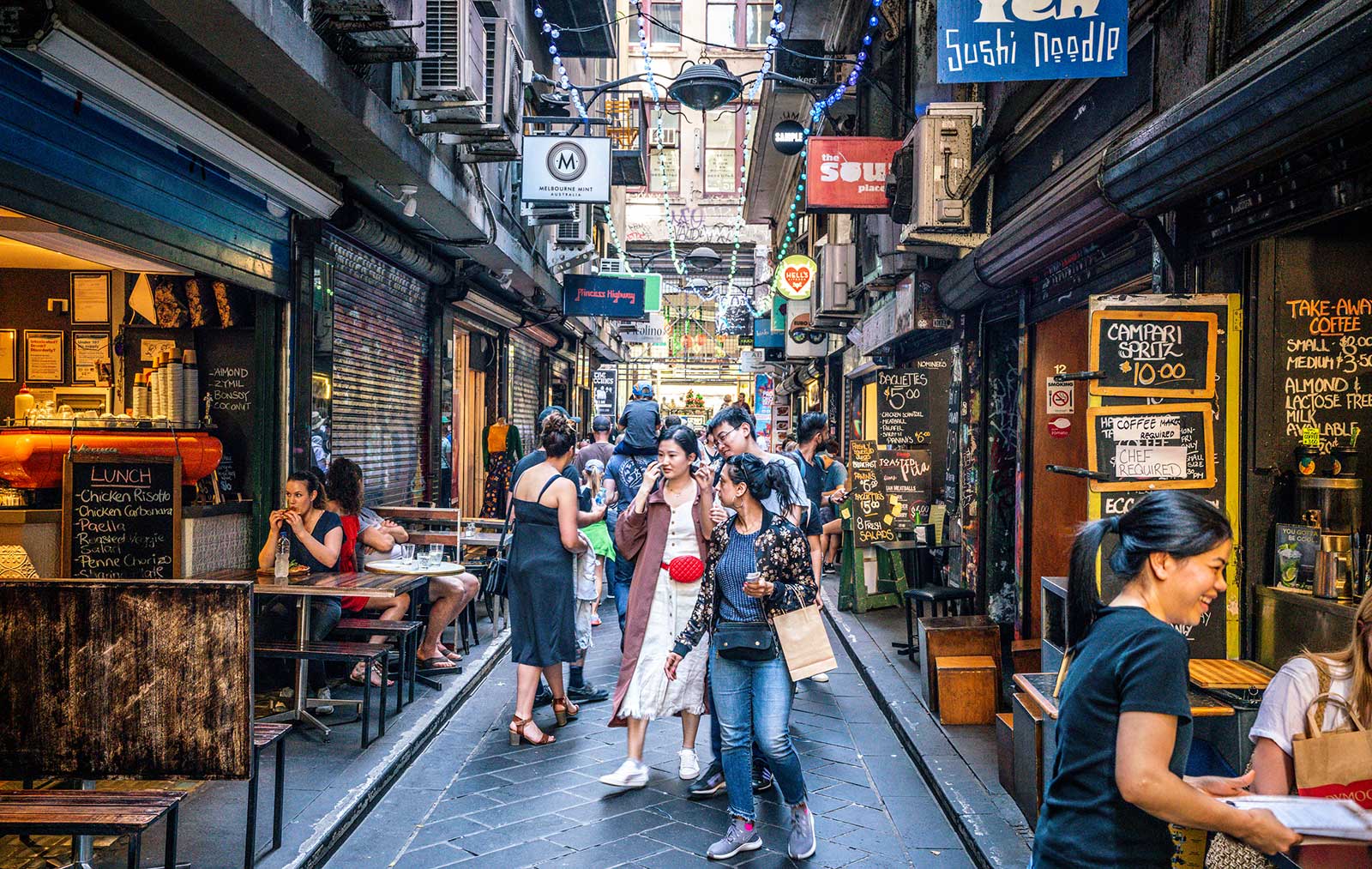 street view of Centre Place an iconic pedestrian laneway with cafe and people in Melbourne Australia