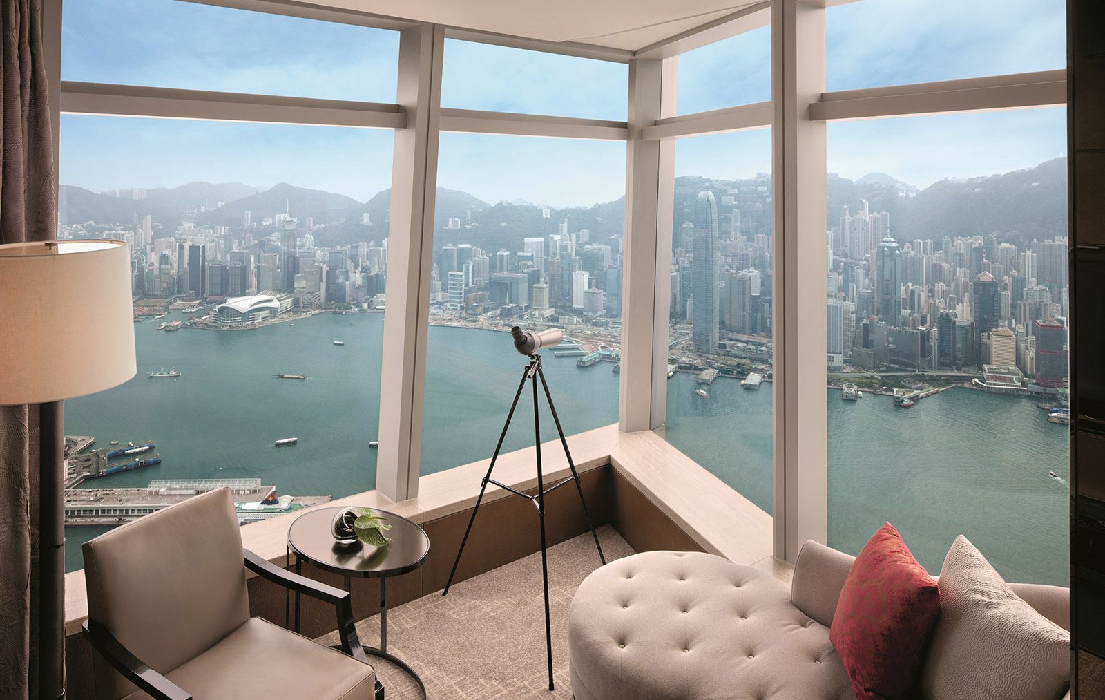 View from the Ritz Carlton Deluxe Victoria Harbour Suite in Kowloon, Hong Kong