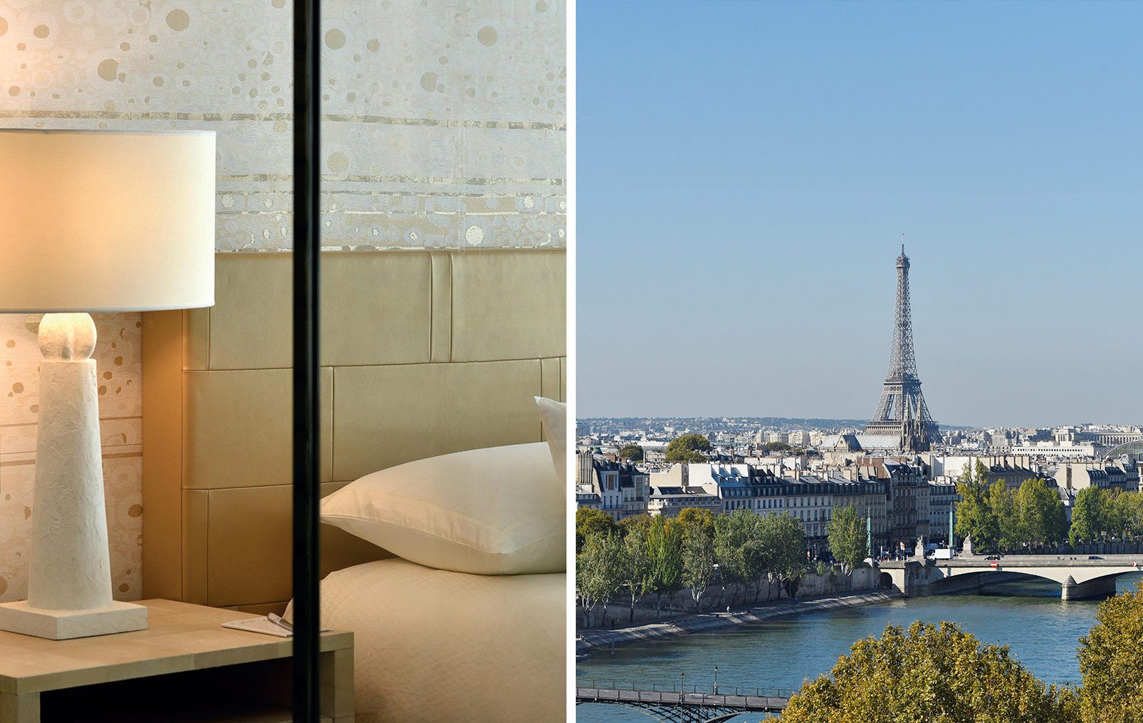 Cheval Blanc Paris room interior detail and view of Paris with the Eiffel Tower and Seine River