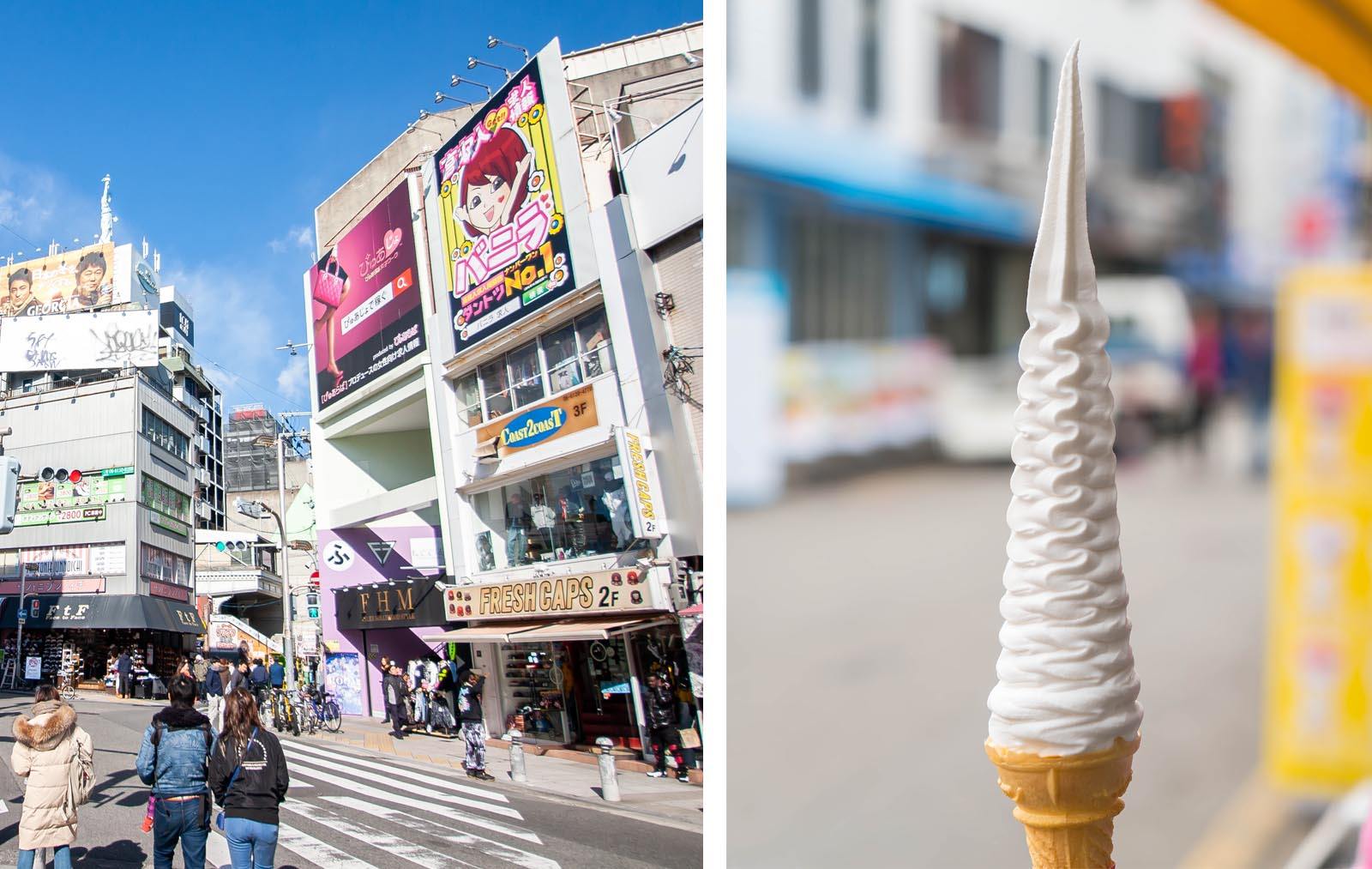 Long soft ice cream, a street food dish in Osaka's Amerikamura neighbourhood