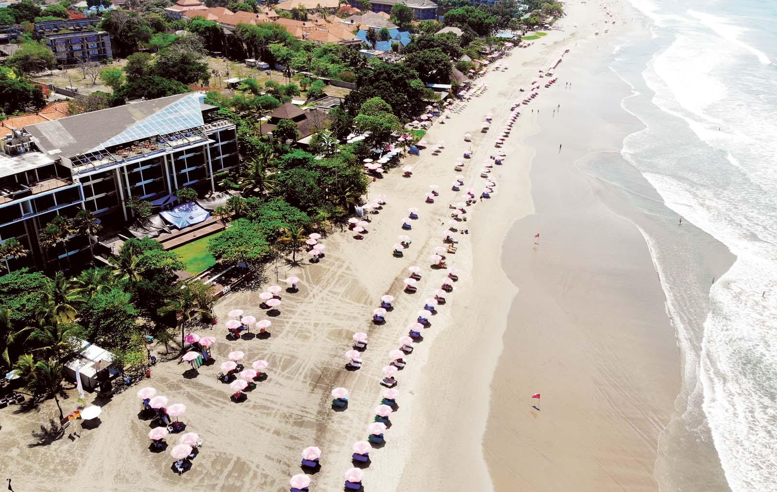 Aerial view of Seminyak beach, a great family holiday destination in Bali, Indonesia