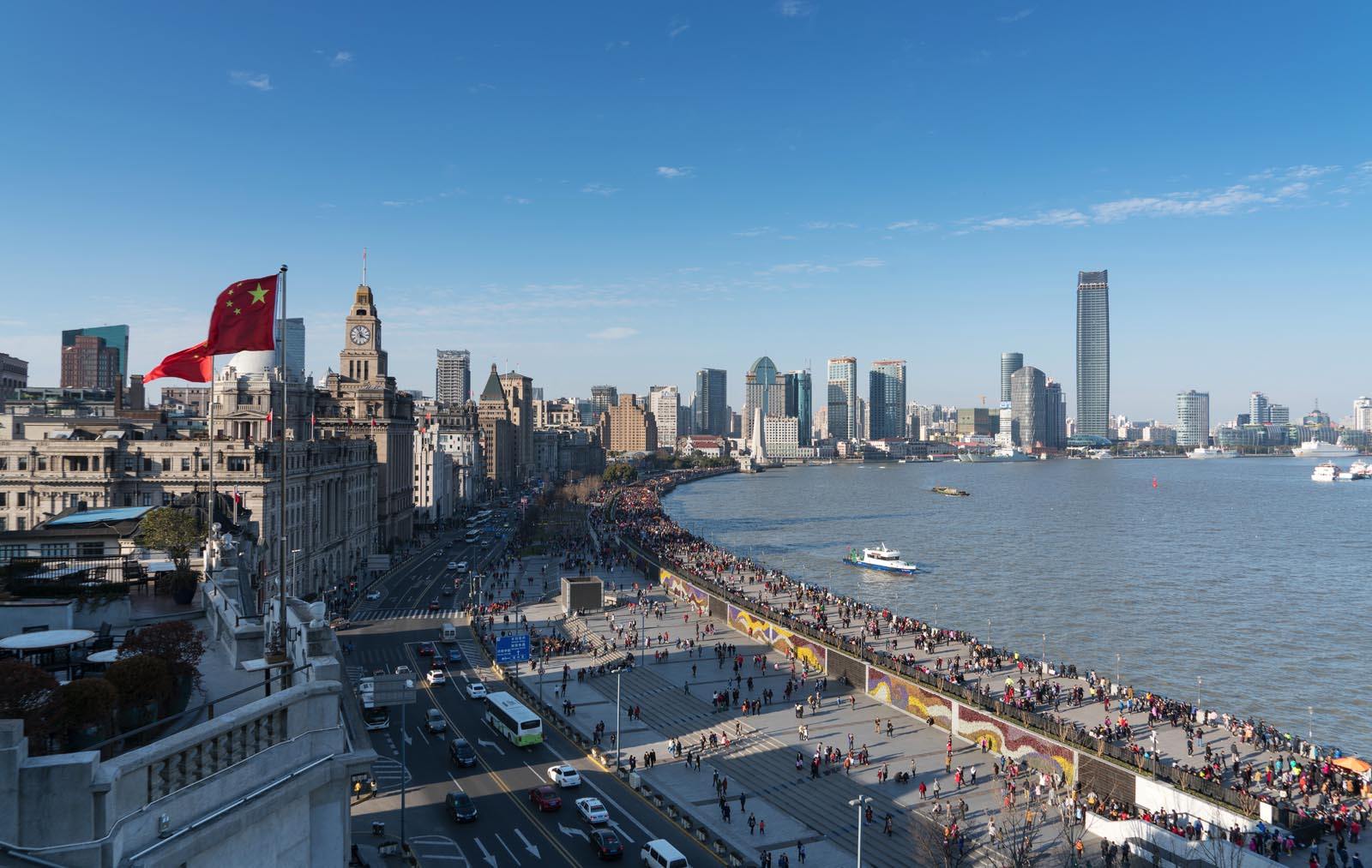 Aerial view of the Bund riverfront promenade with colonial architecture in Shanghai