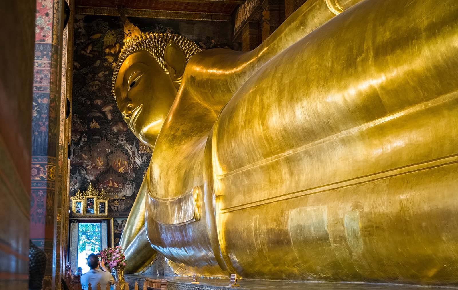 The famous 46-metre reclining Buddha Wat Pho temple in Bangkok