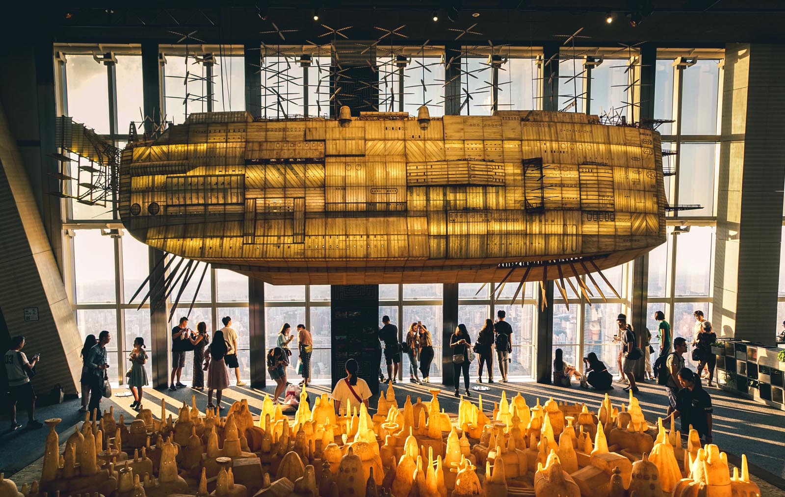 An installation depicting an airship from the works of Studio Ghibli