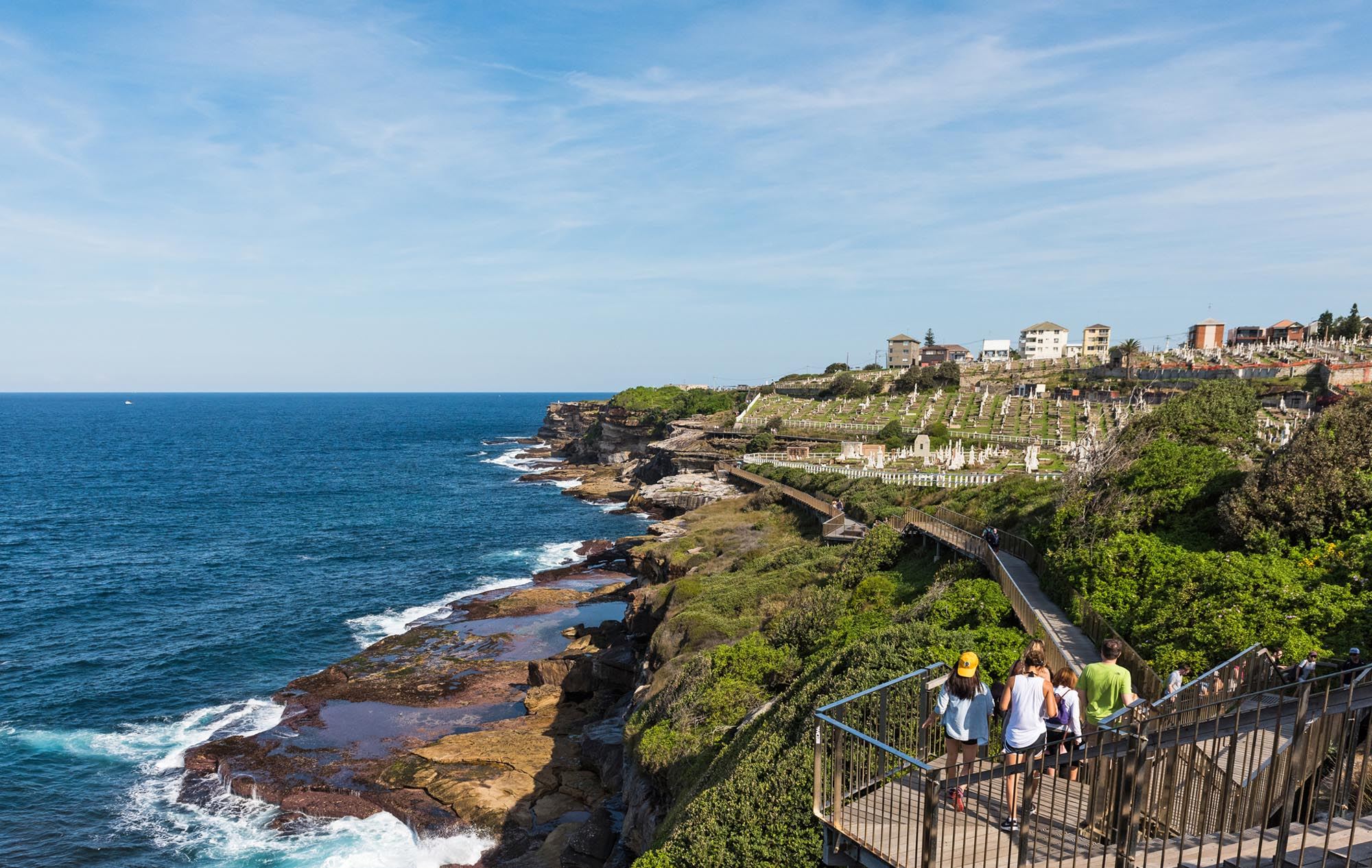 People walking to Waverley Cemetery along the Bondi to Coogee coastal walk in Sydney, Australia. A cliff top coastal walk featuring stunning views, beaches, parks, cliffs, bays and rock pools