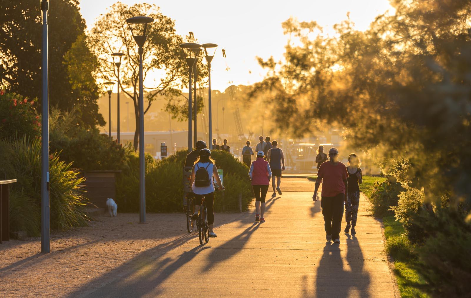 People walking through Bicentennial park in Sydney at sunset