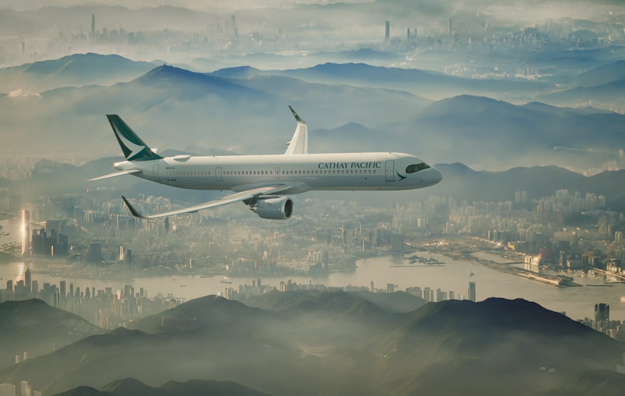 Cathay Pacific's new Airbus A321neo flying over Hong Kong harbour