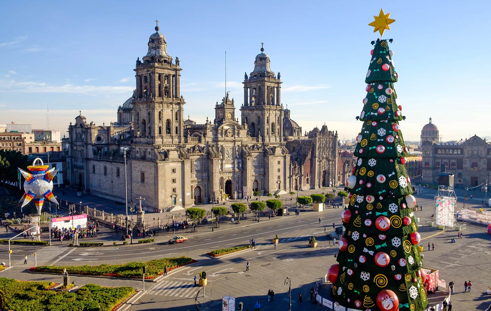 View of Zocalo, cathedral and Christmas tree in Mexico city